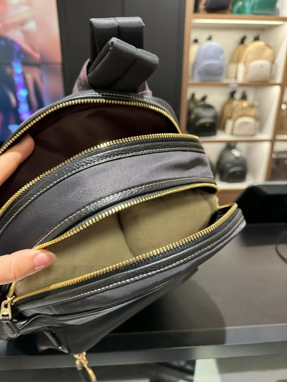 Coach Black Nylon Mini Backpack with Gold Hardware Ring Detail